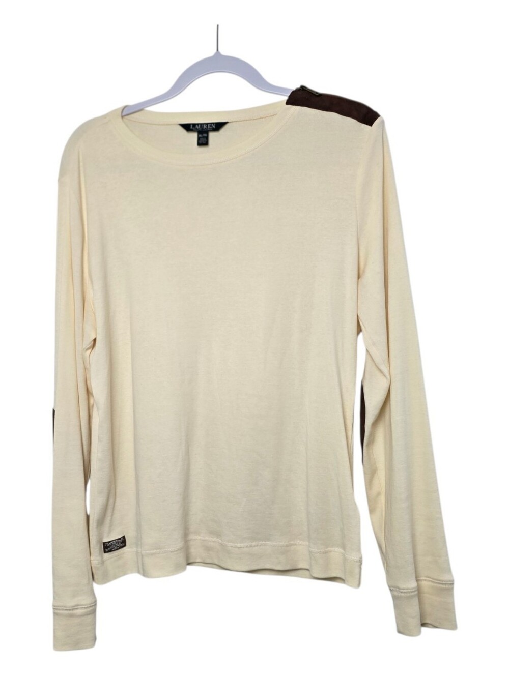 Lauren Ralph Lauren Cream Long Sleeve Cotton Top Suede Shoulder Elbow Patches